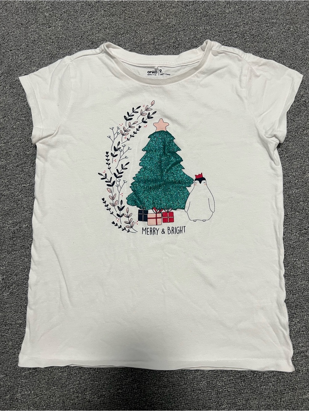 Girl’s White 'Merry & Bright' Holiday T-Shirt with Green Tree 9T